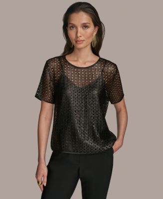 売れ筋商品|||ダナ キャラン ニューヨーク カットソー トップス レディース Women's Short-Sleeve Sequin Blouse Sisal Donna Karan New York Women's Sequin Mesh Short-Sleeve Top