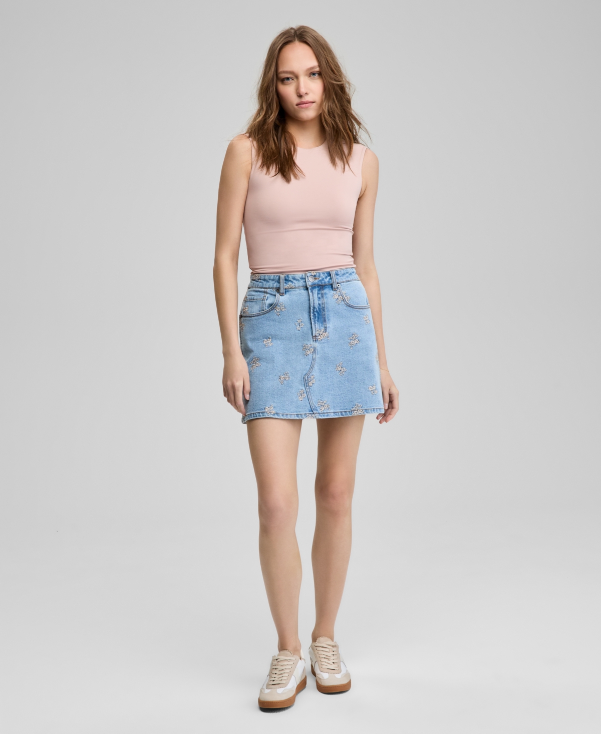 Women's Floral-Embroidered Denim Skirt, Exclusively at Macy's - Medium Wash