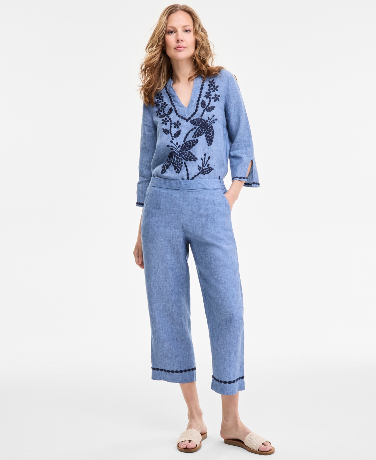Shop Charter Club Women's Embroidered-cuff 100% Linen Woven Cropped Pants, Exclusively At Macy's