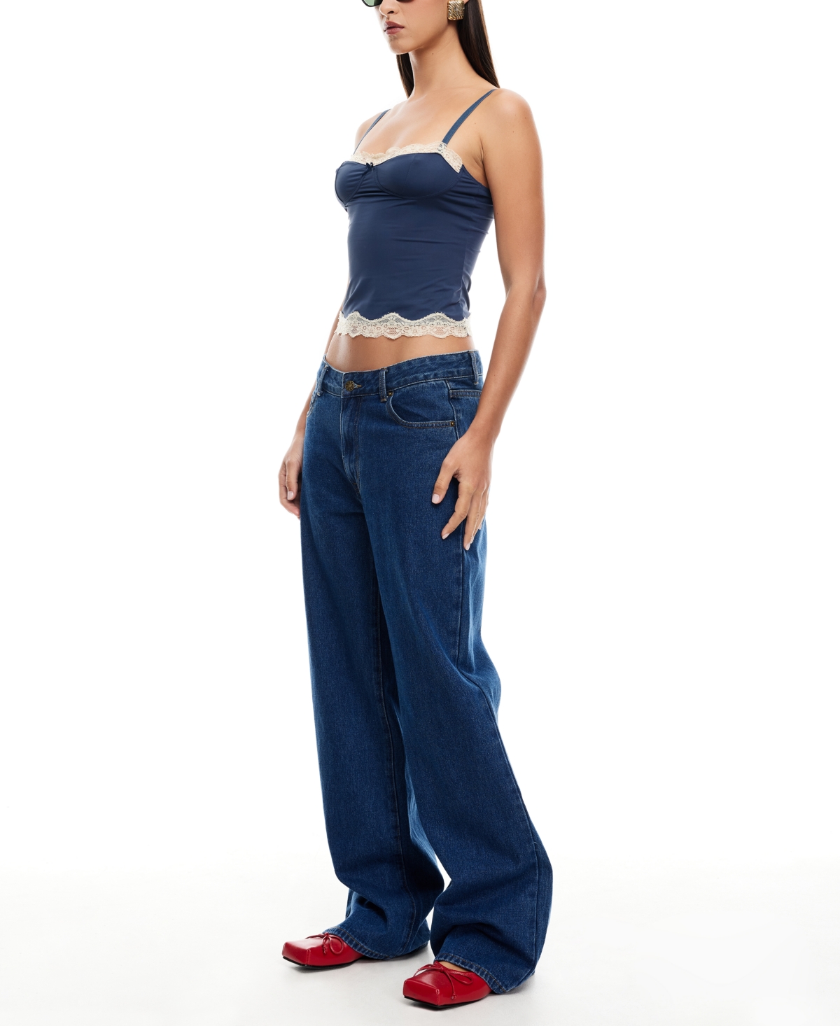 Lioness Slouched Tie Up Jeans In Dark Denim