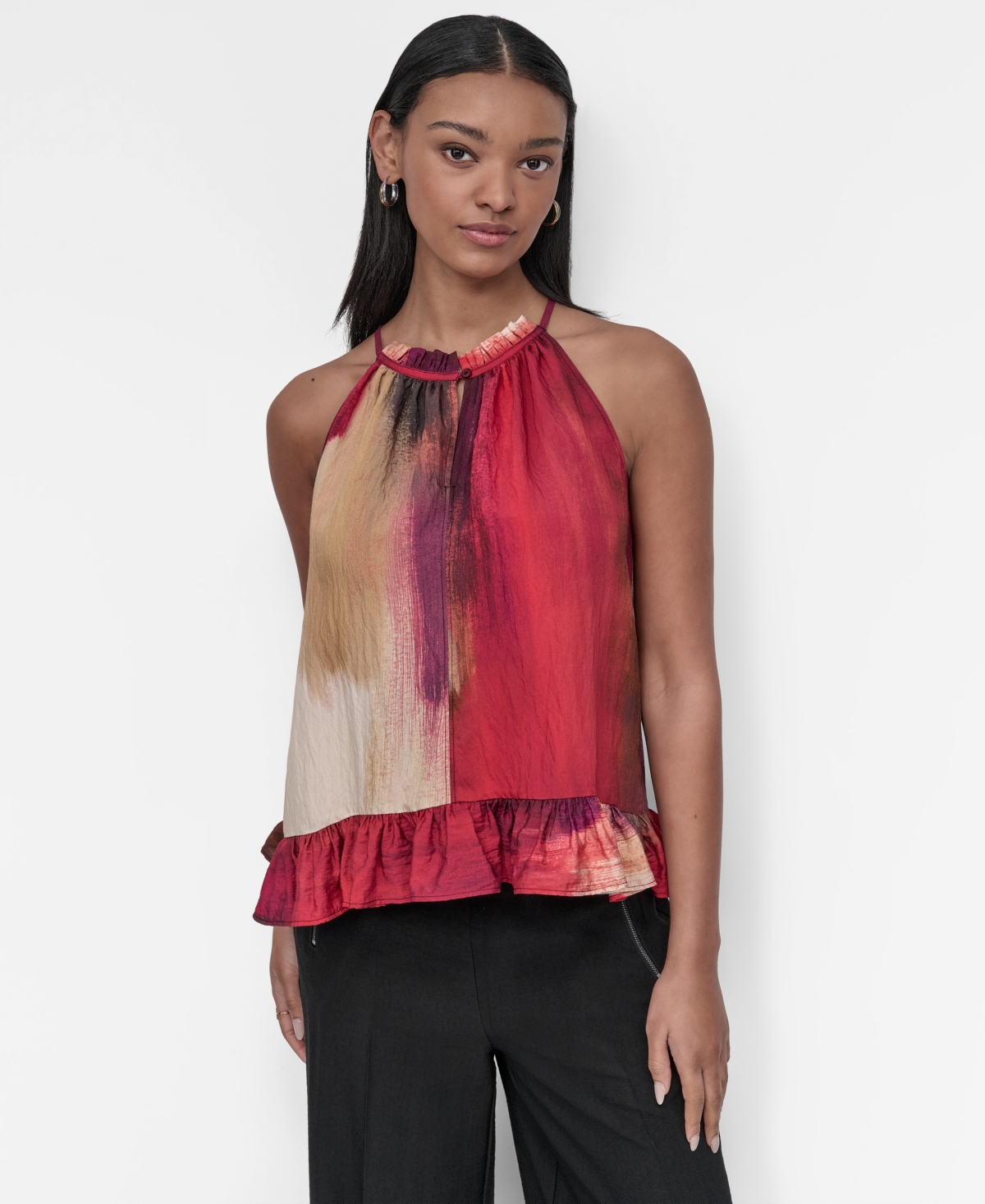 Women's Printed High-Neck Sleeveless Peplum Top - June Brush Stroke