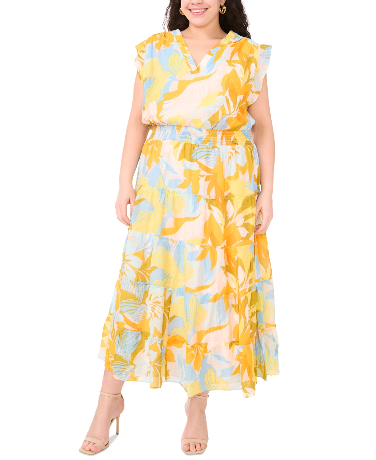 Msk Plus Size Printed Flutter-sleeve Tiered Maxi Dress
