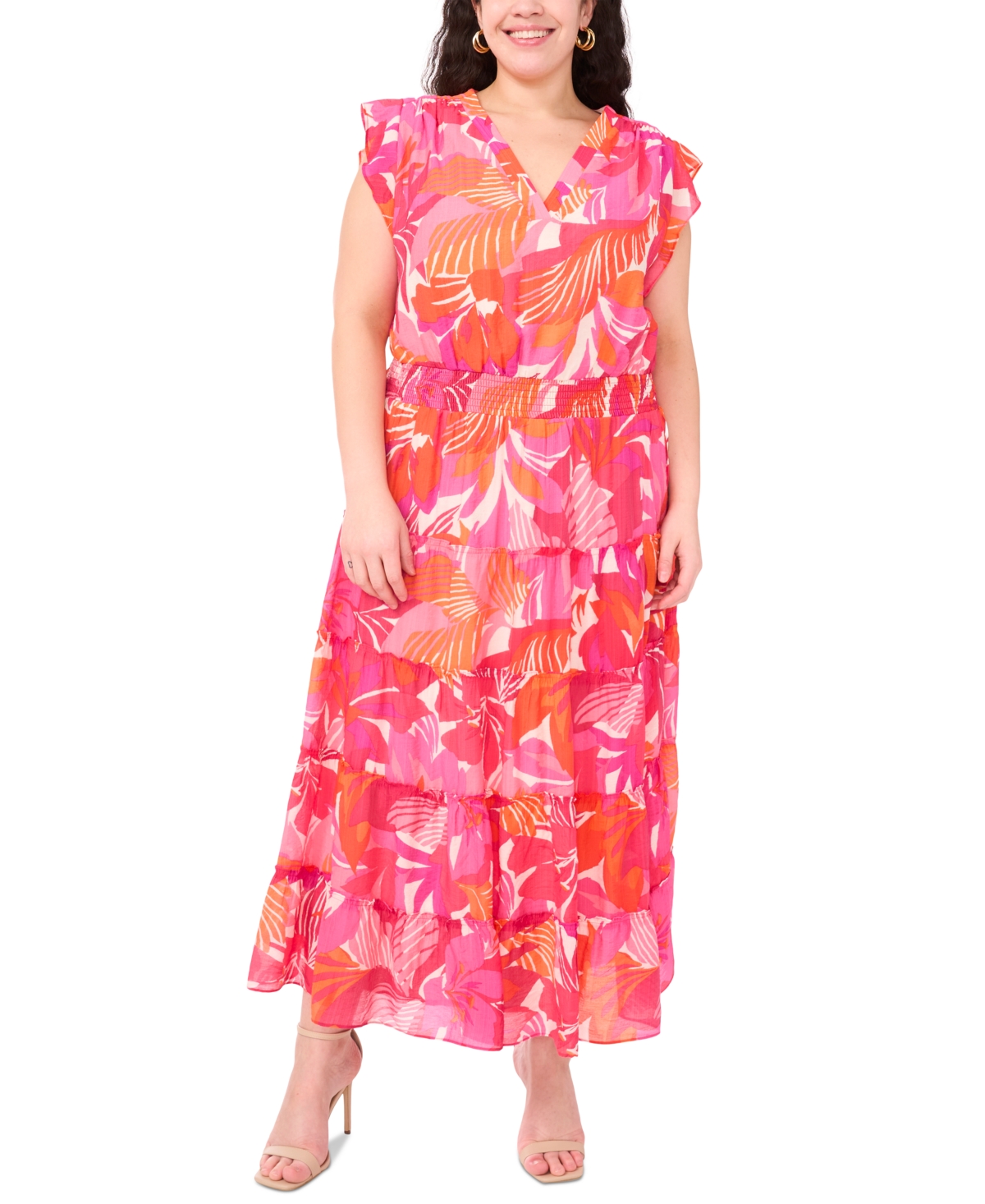 Msk Plus Size Printed Flutter-sleeve Tiered Maxi Dress