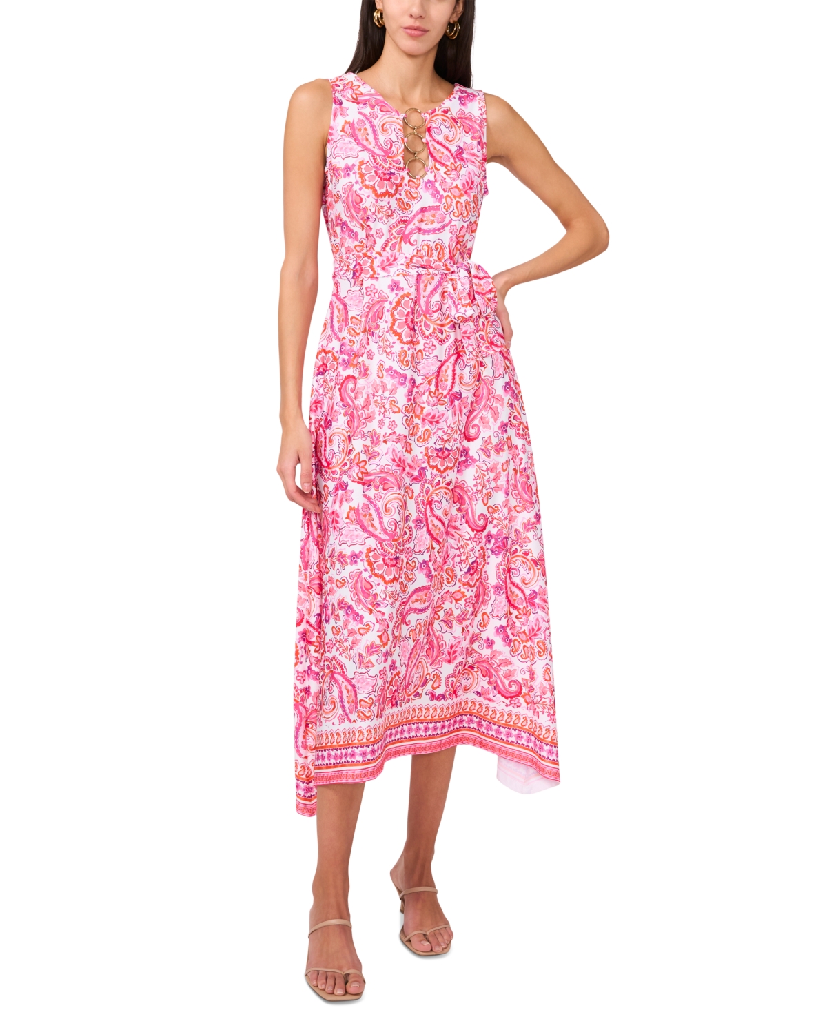 Women's Printed O-Ring-Trim Sleeveless Midi Dress - Ivo/ros/org
