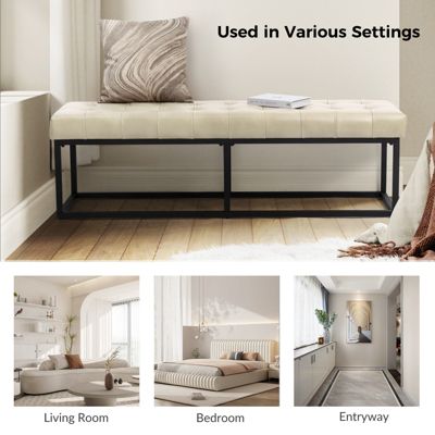 Narciso 60" Wide Bedroom Bench with Genuine Leather Top Cushion and Metal Base