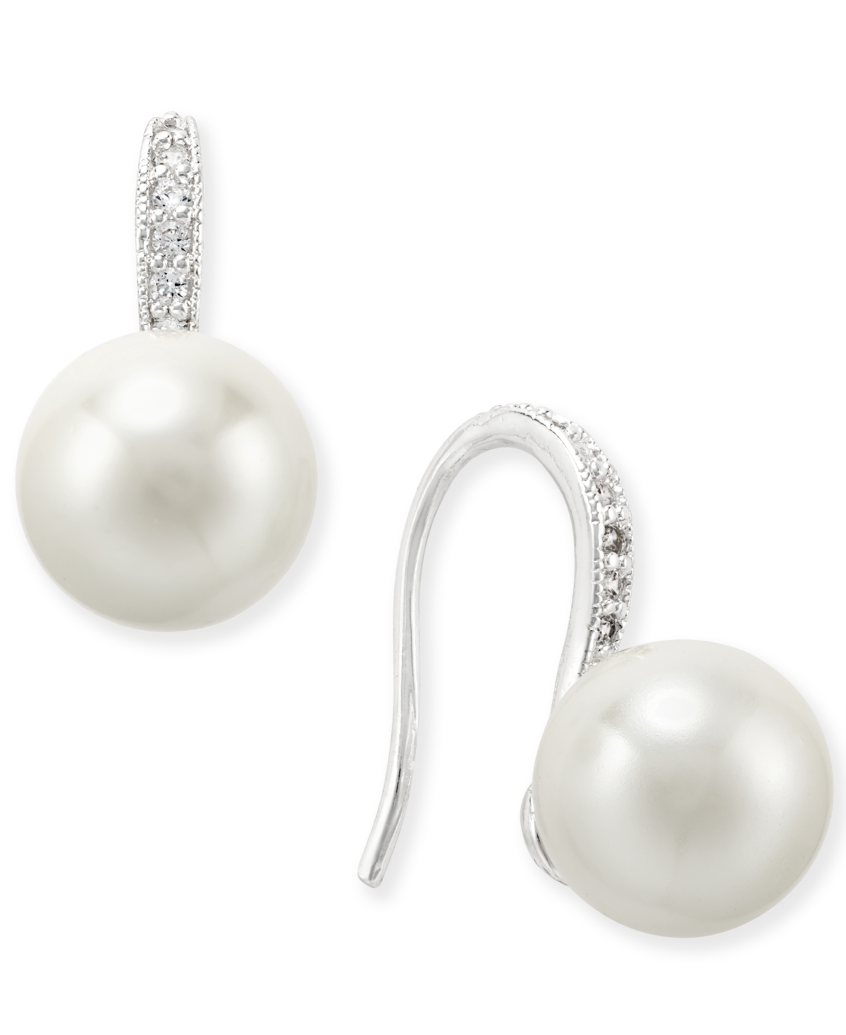 Silver-Tone Imitation Pearl and Pave Drop Earrings, Created for Macy's - White