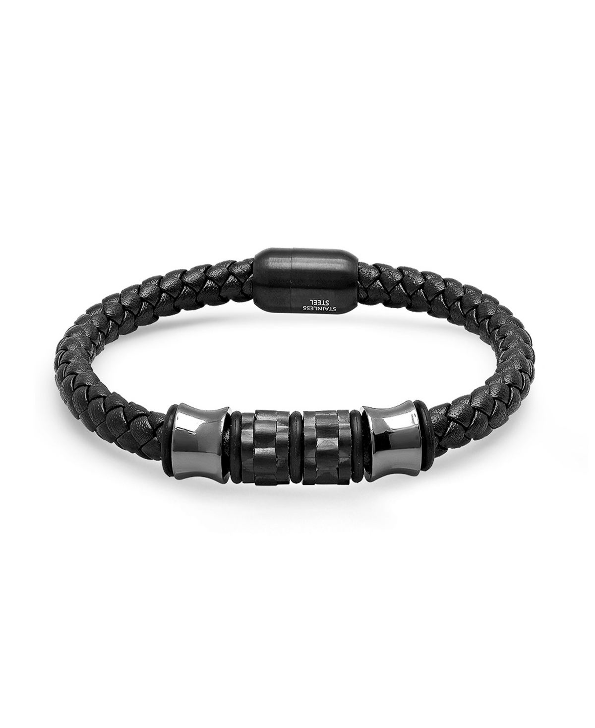 Men's Black Braided Leather and Black Ip Stainless Steel Bracelet - Black