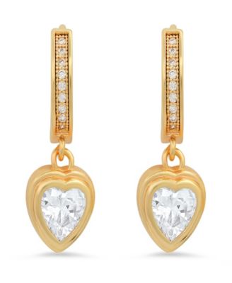 Women's Brass Simulated Diamonds Dangling Charm Heart Huggie Earrings