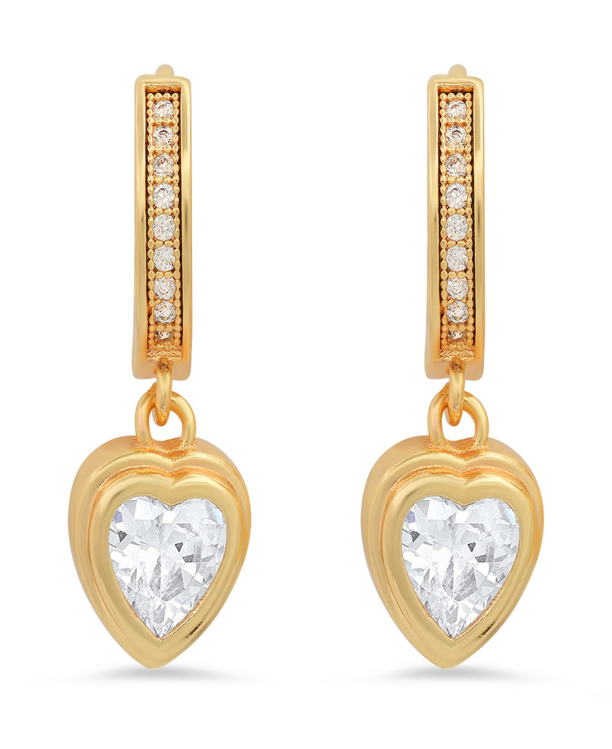 Steeltime Women's Brass Simulated Diamonds Dangling Charm Heart Huggie Earrings