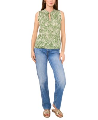 Vince Camuto - Women's Peplum-Hem Floral-Print Crocheted-Trim Top