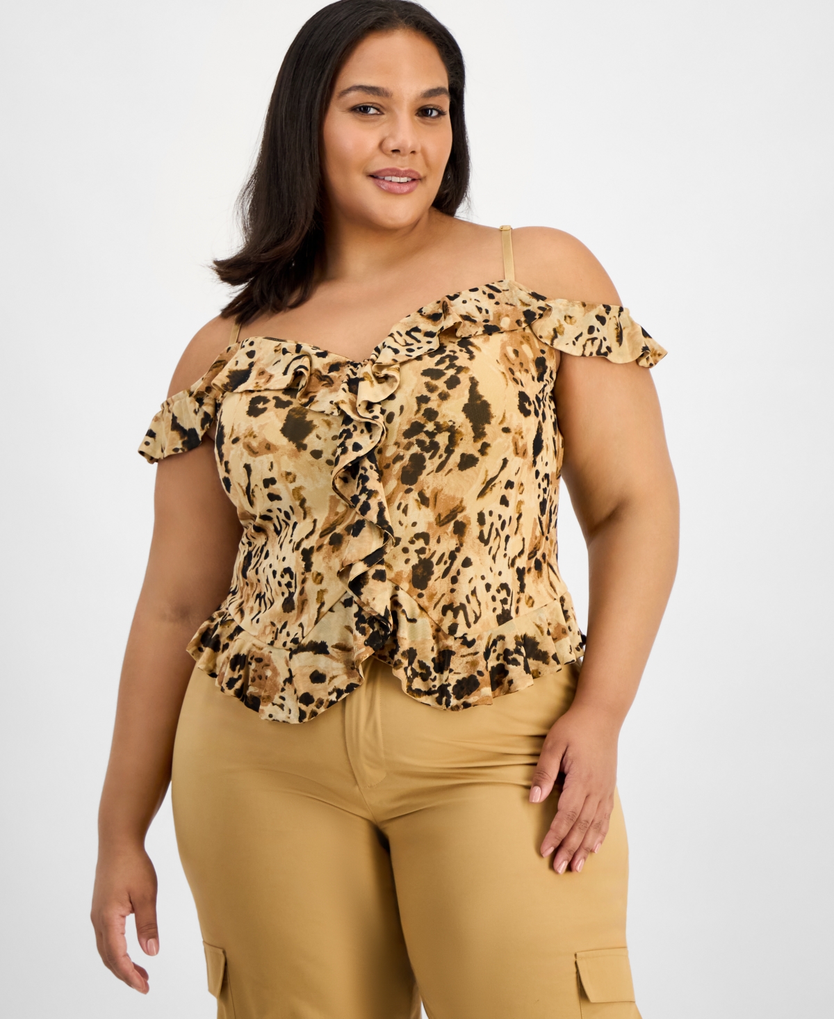 Trendy Plus Size Printed Cold-Shoulder Ruffled Top, Macy's Exclusive - Marble Leopard
