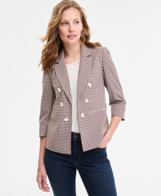 Shop Jones New York Womens Checkered Print Faux Double Breasted Jacket Extended Shoulder Lattice Neck Top Lexington Mid 