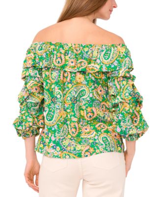 Women's Paisley-Print Ruffled Off-The-Shoulder Bubble 3/4-Sleeve Blouse