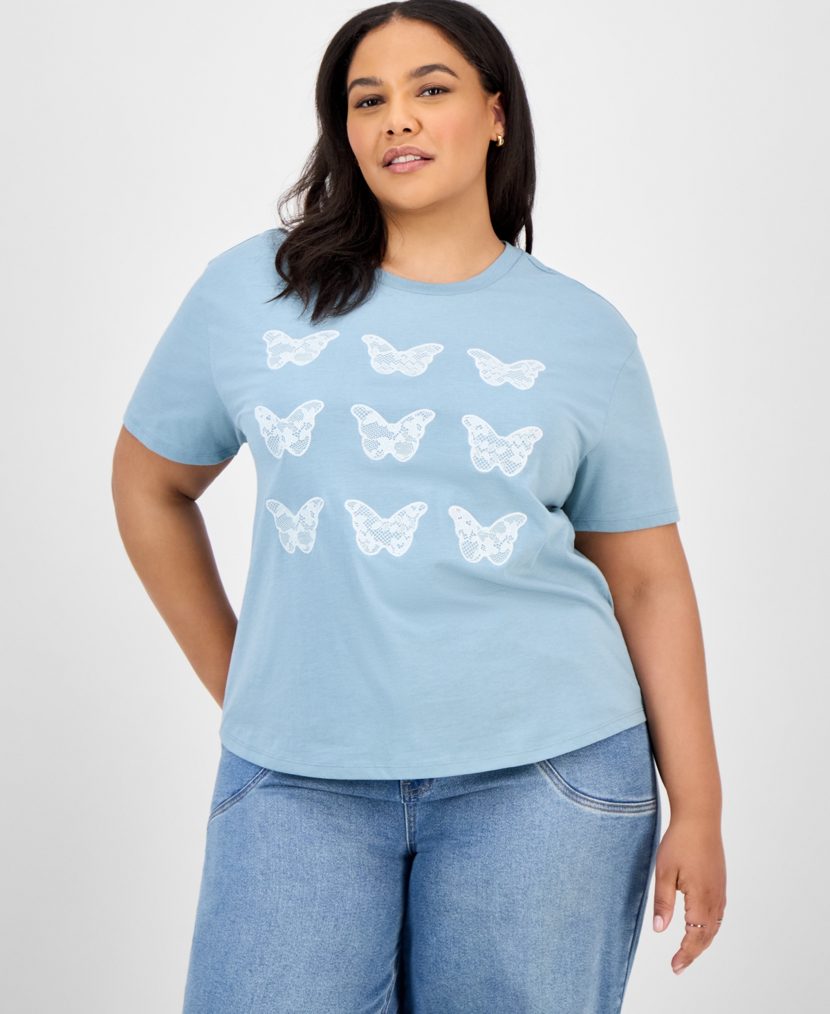 Trendy Plus Size Butterfly Applique T-Shirt - Blue