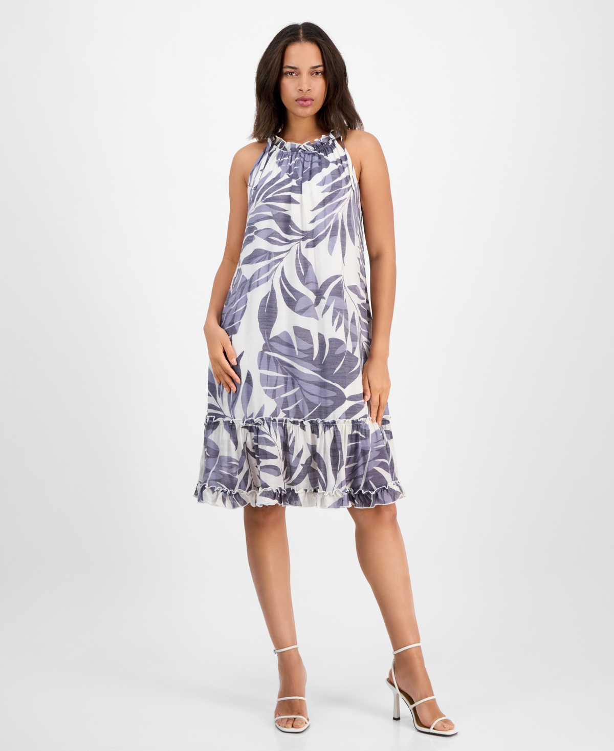 Women's Printed Ruffle-Neck Sleeveless Mini Dress - Blue White