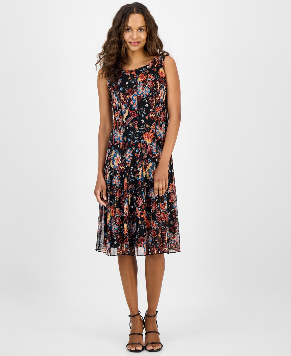 Petite Floral Pleated Sleeveless Dress - Peacock