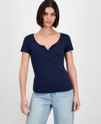 Hippie Rose - Juniors' Ribbed Henley Scoop-Neck T-Shirt