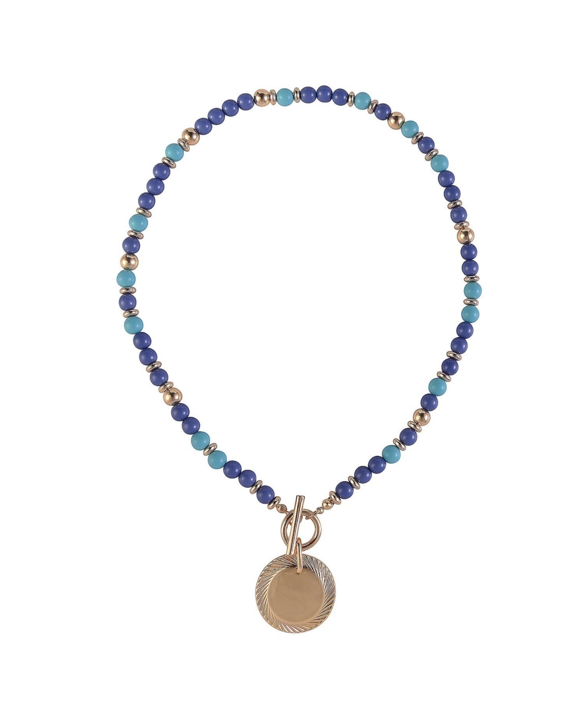 Blue Beaded Toggle Necklace with Gold Tone Disc Pendant - Blue
