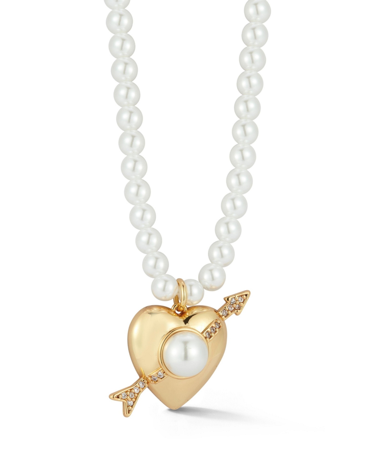 Gold Plated Heart & Arrow Necklace with Pearl Chain - Gold