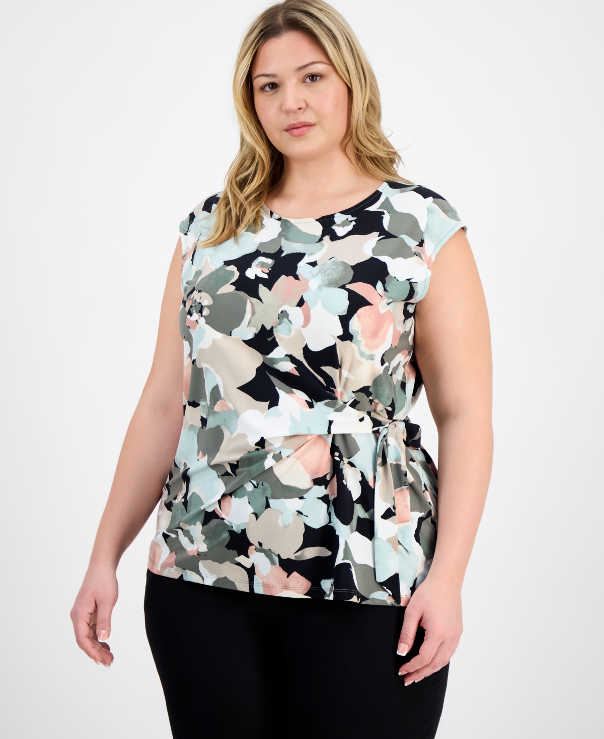 Plus Size Floral-Print Side-Tie Top - Black Multi