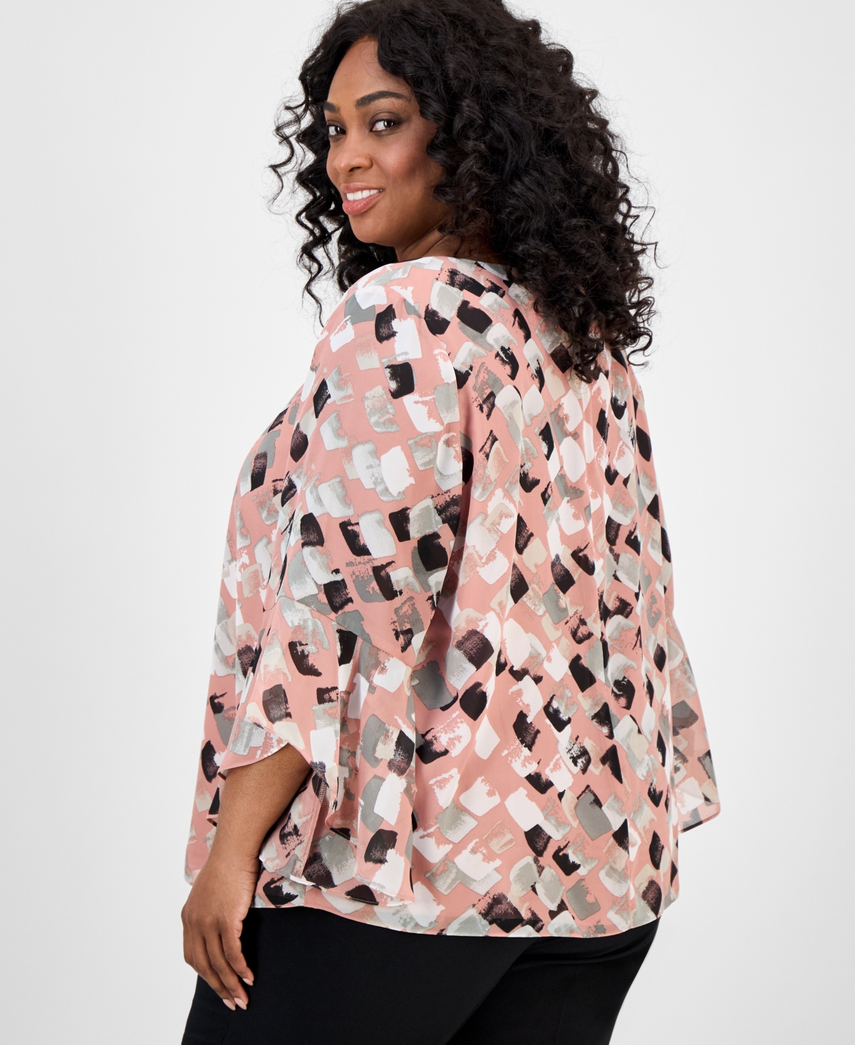 Kasper Plus Size Printed Bell-sleeve Blouse