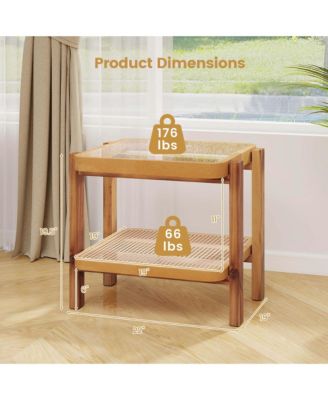 1 PCS End Table with Tempered Glass Top Acacia Wood Legs Rattan Storage Shelf