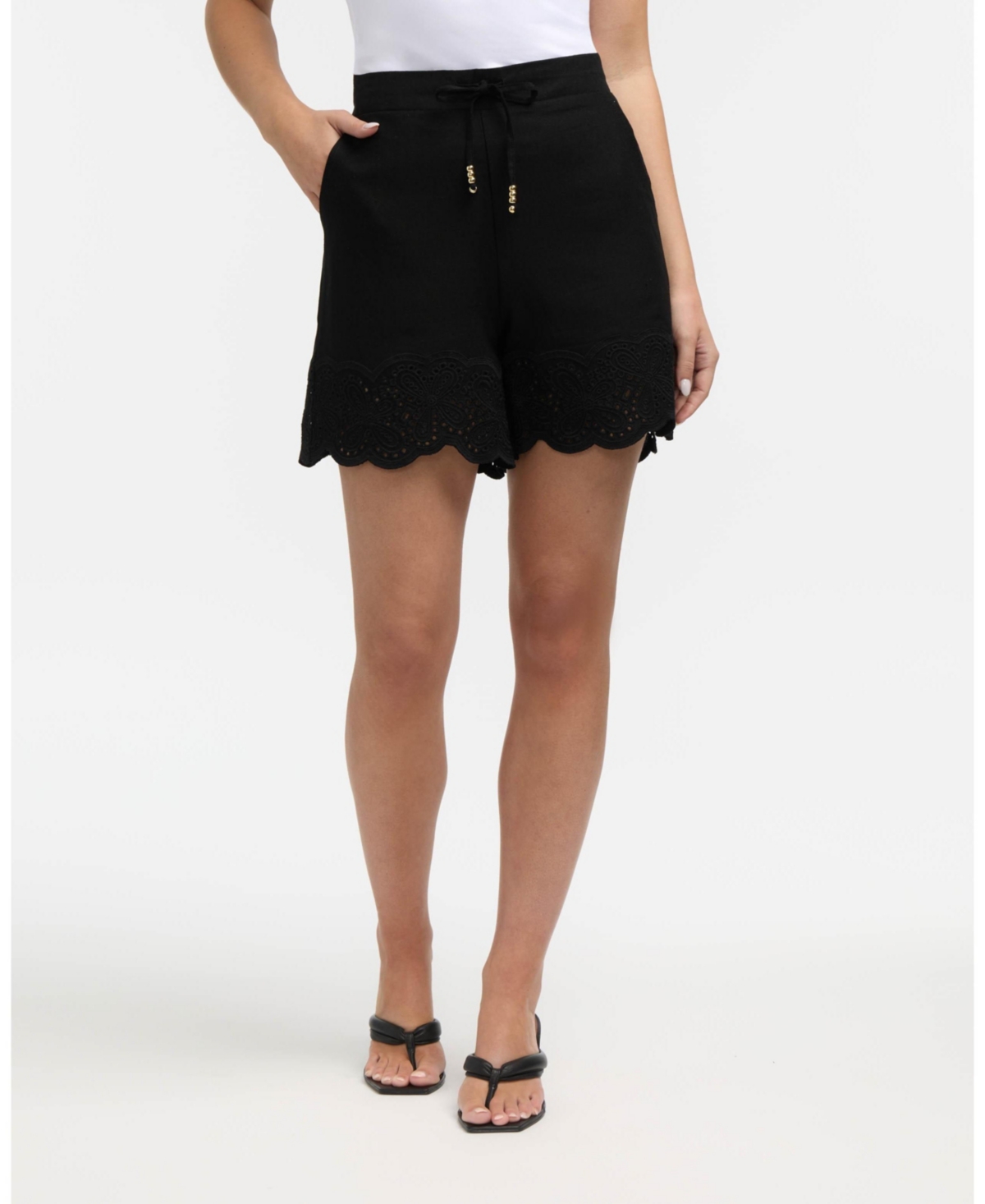 Women's Embroidered Linen-Blend Shorts - Black