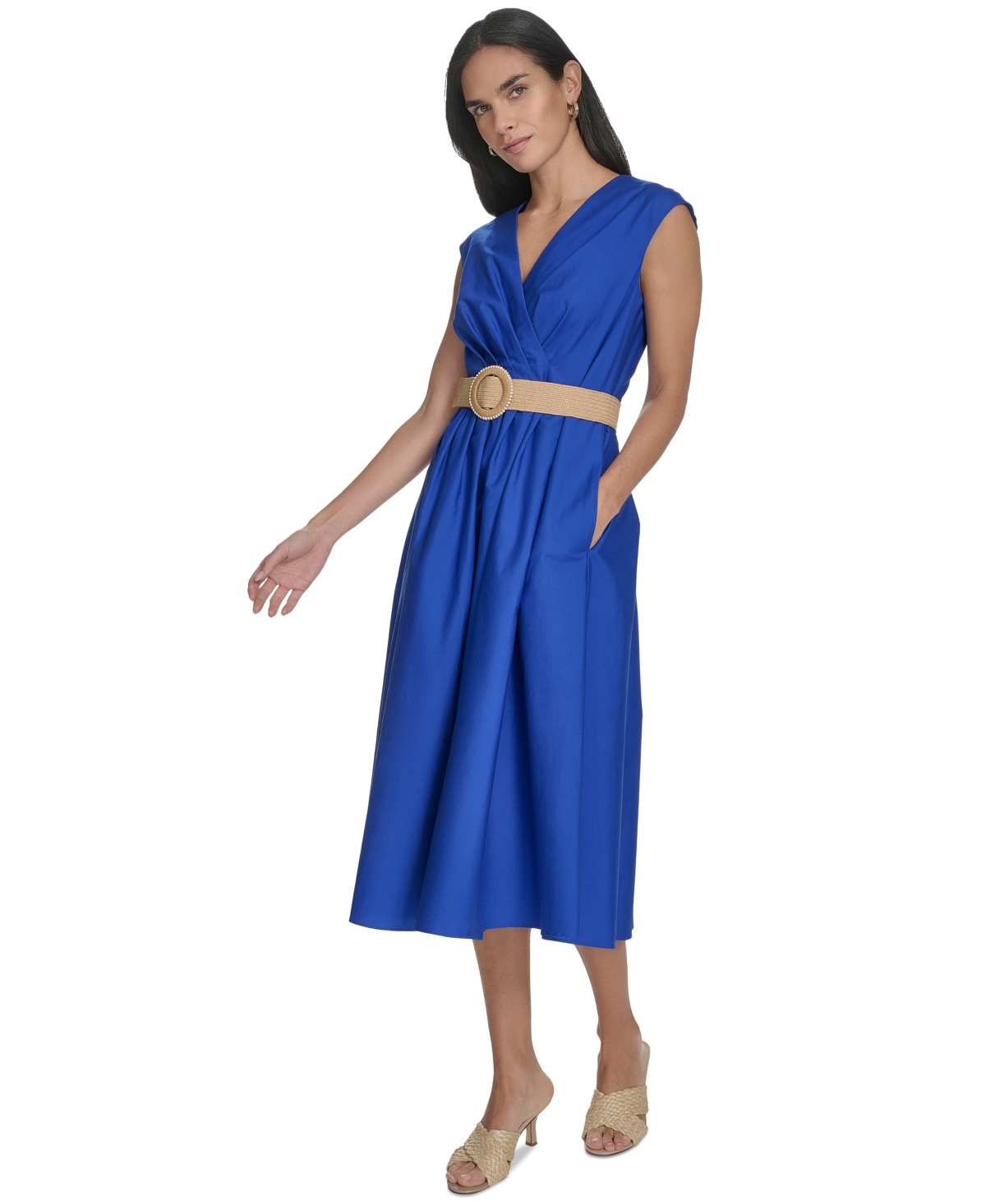 Jessica Howard Plus Size Belted Sleeveless V-neck Midi Dress In Blue