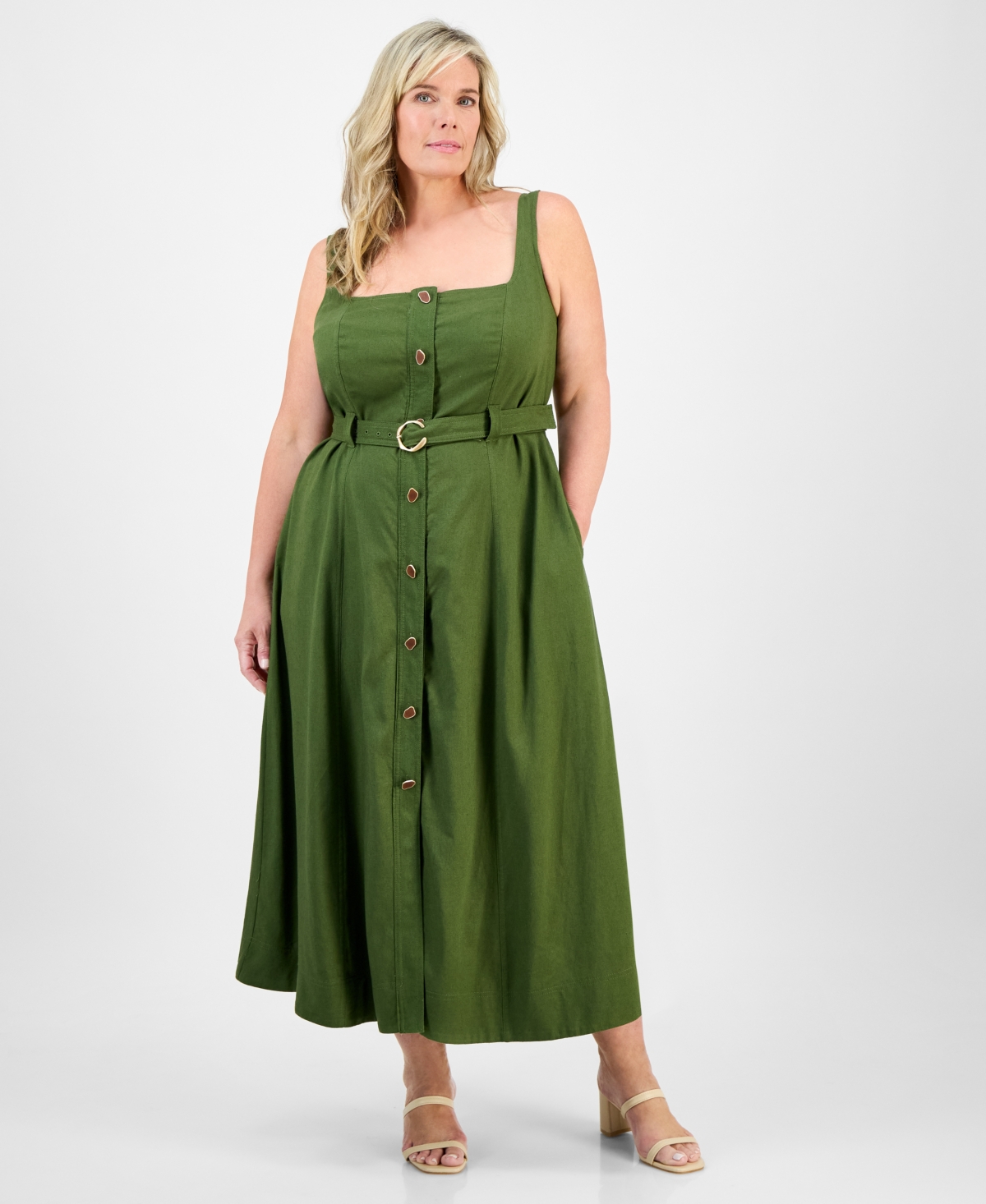Taylor Plus Size Square-neck Belted Button-front Dress