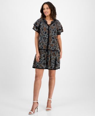 Sandra Darren Women's Printed Flutter Sleeve A Line Dress Blue Size 10