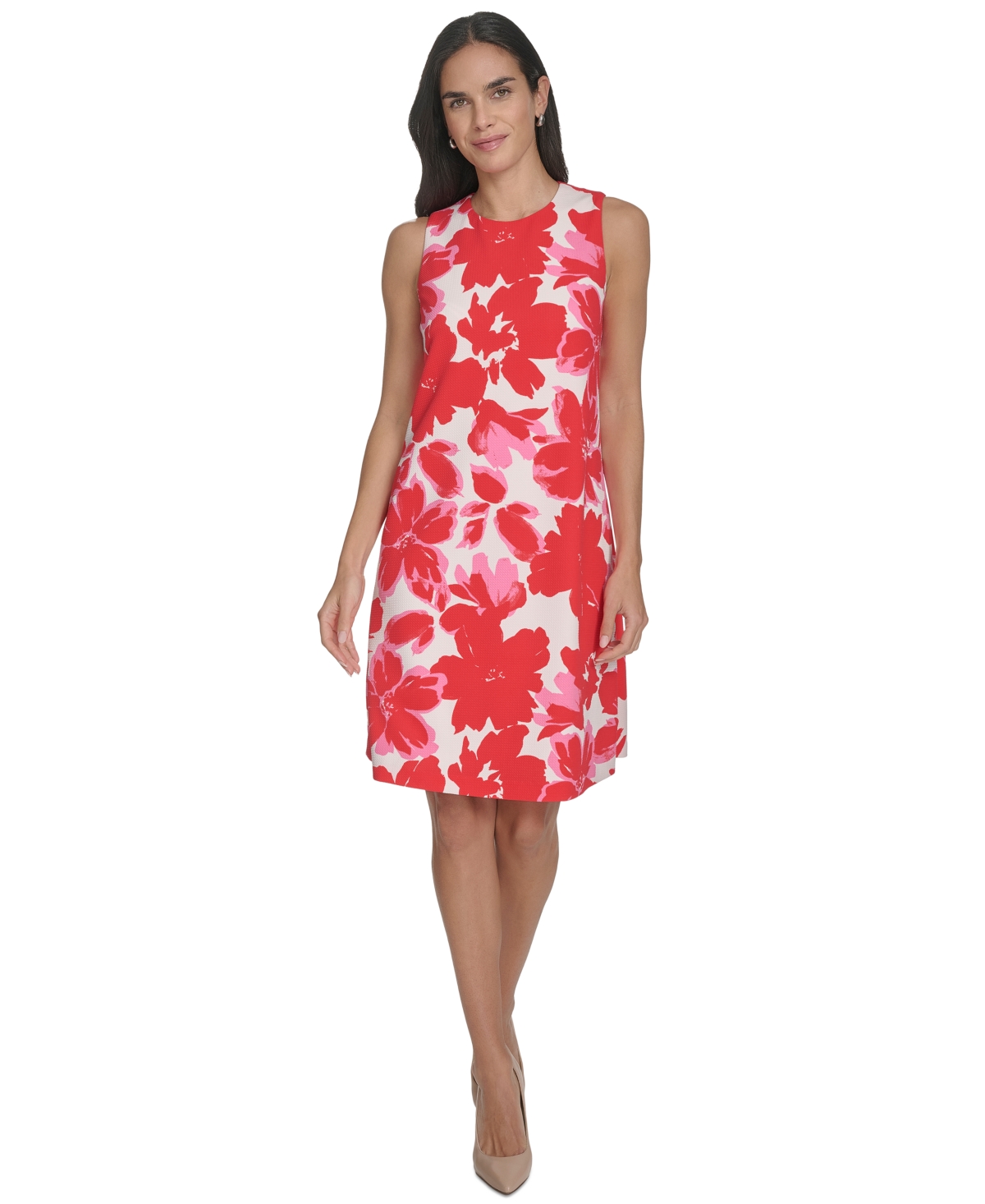 Women's Floral-Print Sleeveless Shift Dress - Ivory/Red
