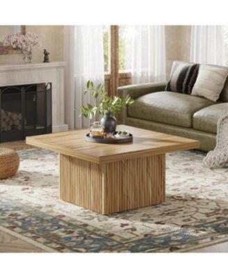 Square Coffee Table, 31.5-Inch Fluted Coffee Table, Mid-Century Modern Living Room Table, Large Cocktail Table for Living Room, Oak