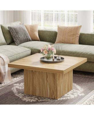 Square Coffee Table, 31.5-Inch Fluted Coffee Table, Mid-Century Modern Living Room Table, Large Cocktail Table for Living Room, Oak