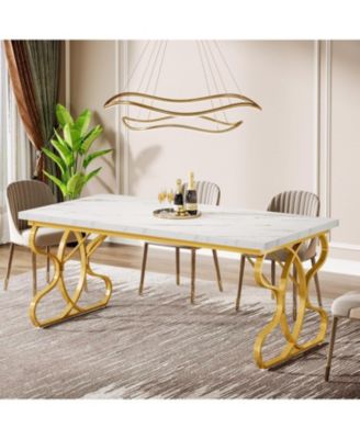 63-Inch Dining Table for 4-6 People, Rectangular Modern Kitchen Dinner Table for Dining Room, White Faux Marble and Gold