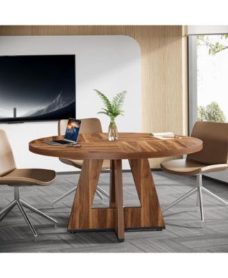 47-Inch Modern Office Desk, Round Home Office Desk for 4–6 People, Wood Tabletop & Sturdy Base