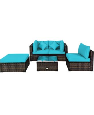 5PCS Rattan Patio Conversation Set Outdoor Furniture Set w/ Ottoman Turquoise Cushion