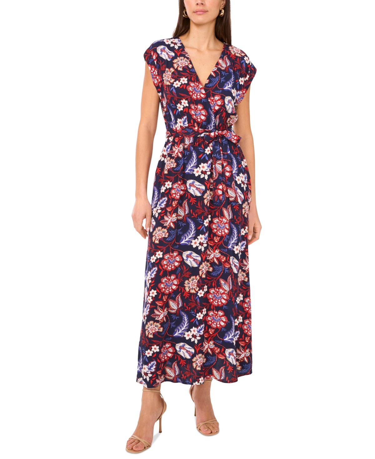 Women's Challis Belted Floral-Print Dress - Mulberry