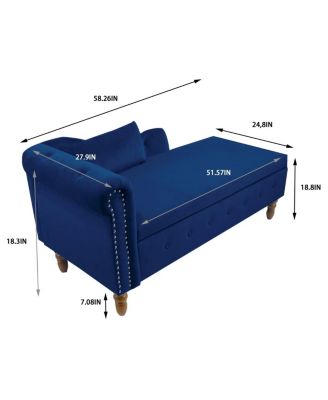 Velvet Upholstered Chaise Lounge with Storage and Pillow, Tufted Rolled Arm Chair with Nailhead Trim for Living Room or Bedroom
