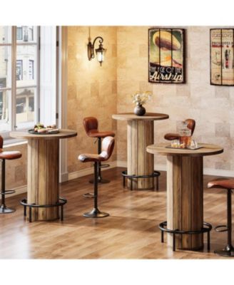 Round Bar Table, 39.4" H Wood Bistro Pub Table with Metal Ring Footrest for Dining Coffee Cocktail Living Room, Small Space(Only Table)