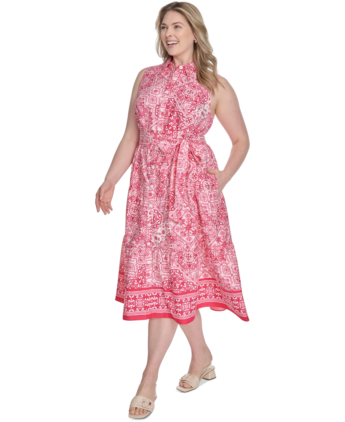 Jessica Howard Plus Size Printed Tie-waist Sleeveless Midi Dress In Pink