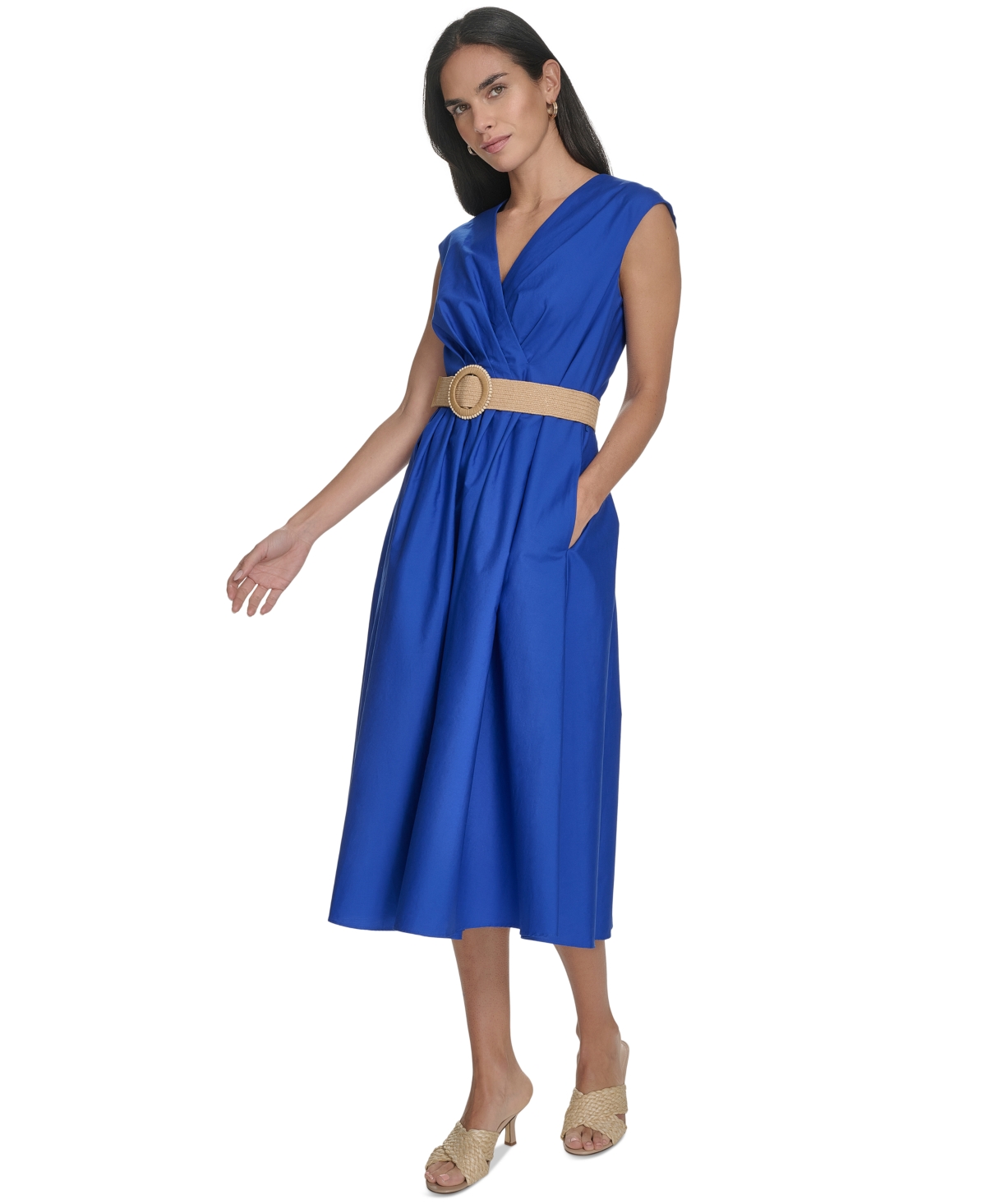 Jessica Howard Plus Size Belted Sleeveless V-neck Midi Dress In Blue