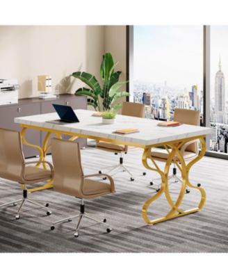 63-Inch Computer Desk, Modern Executive Desk with Gold Metal Legs, Large Sturdy Writing Table for Home Office, White and Gold