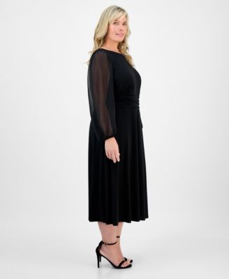 Plus Size Shirred-Waist Sheer-Sleeve Midi Dress