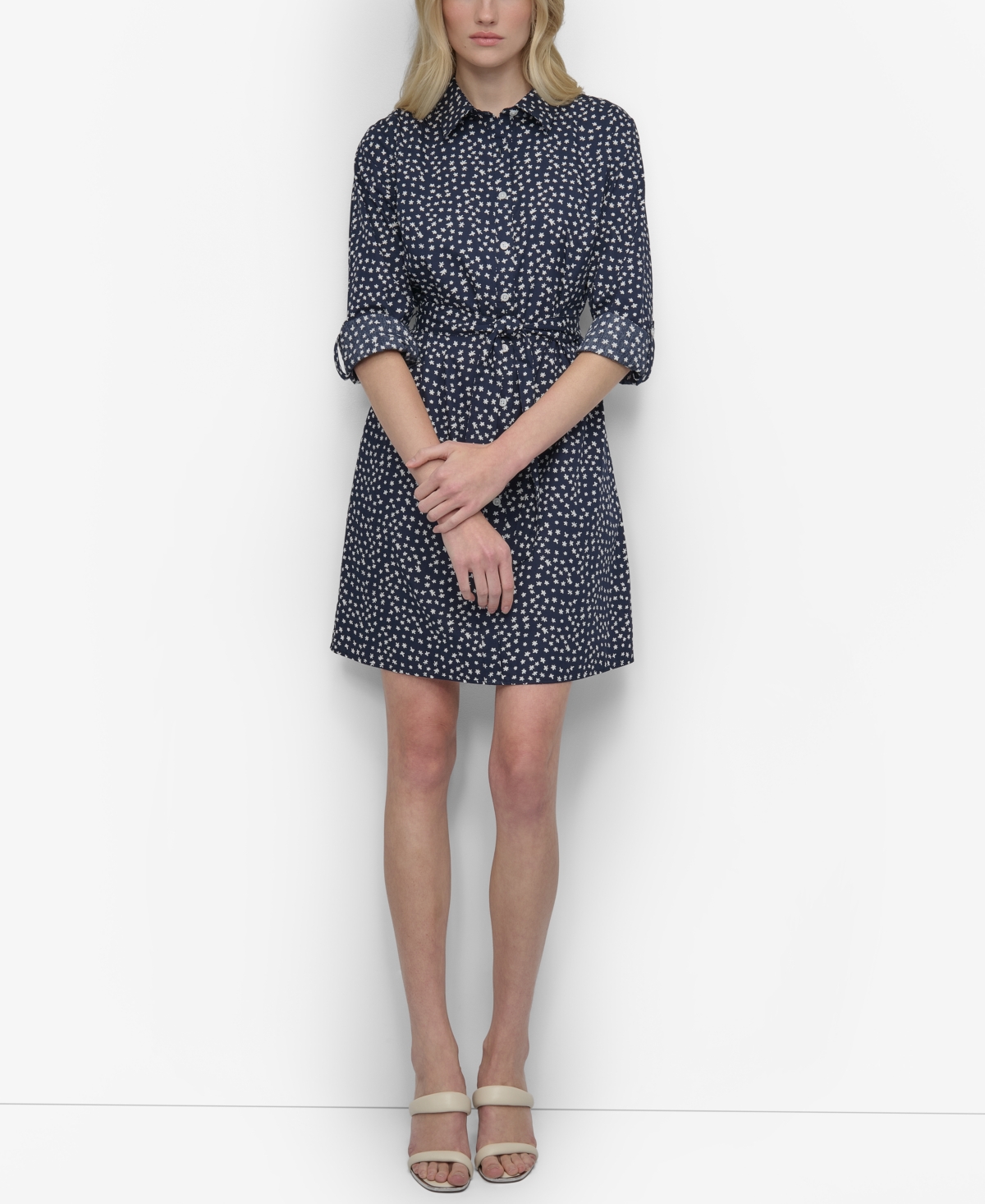 DKNY WOMEN'S BELTED STAR-PRINT COTTON MINI DRESS 