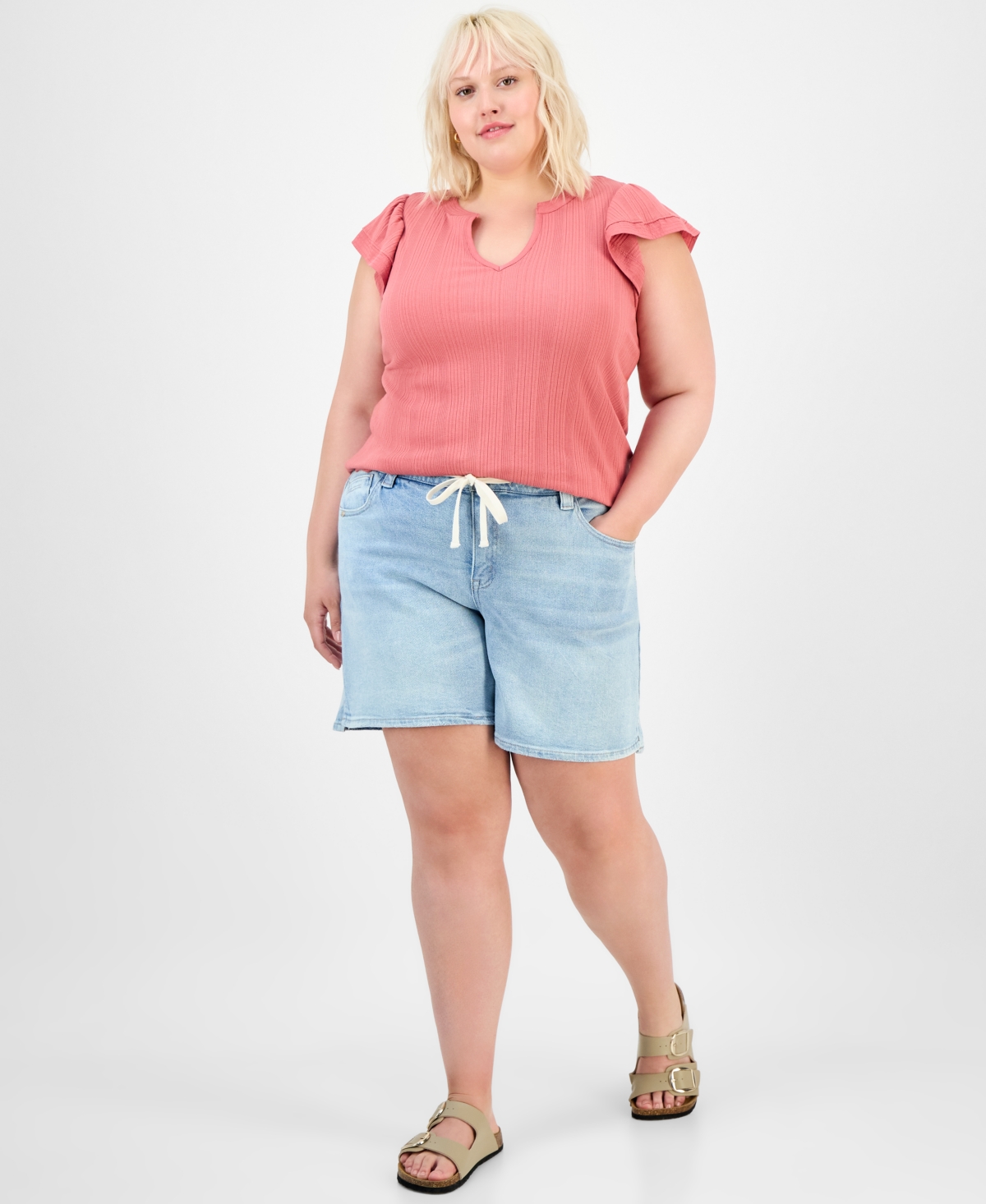 Trendy Plus High-Rise Drawstring Shorts - Light Blue