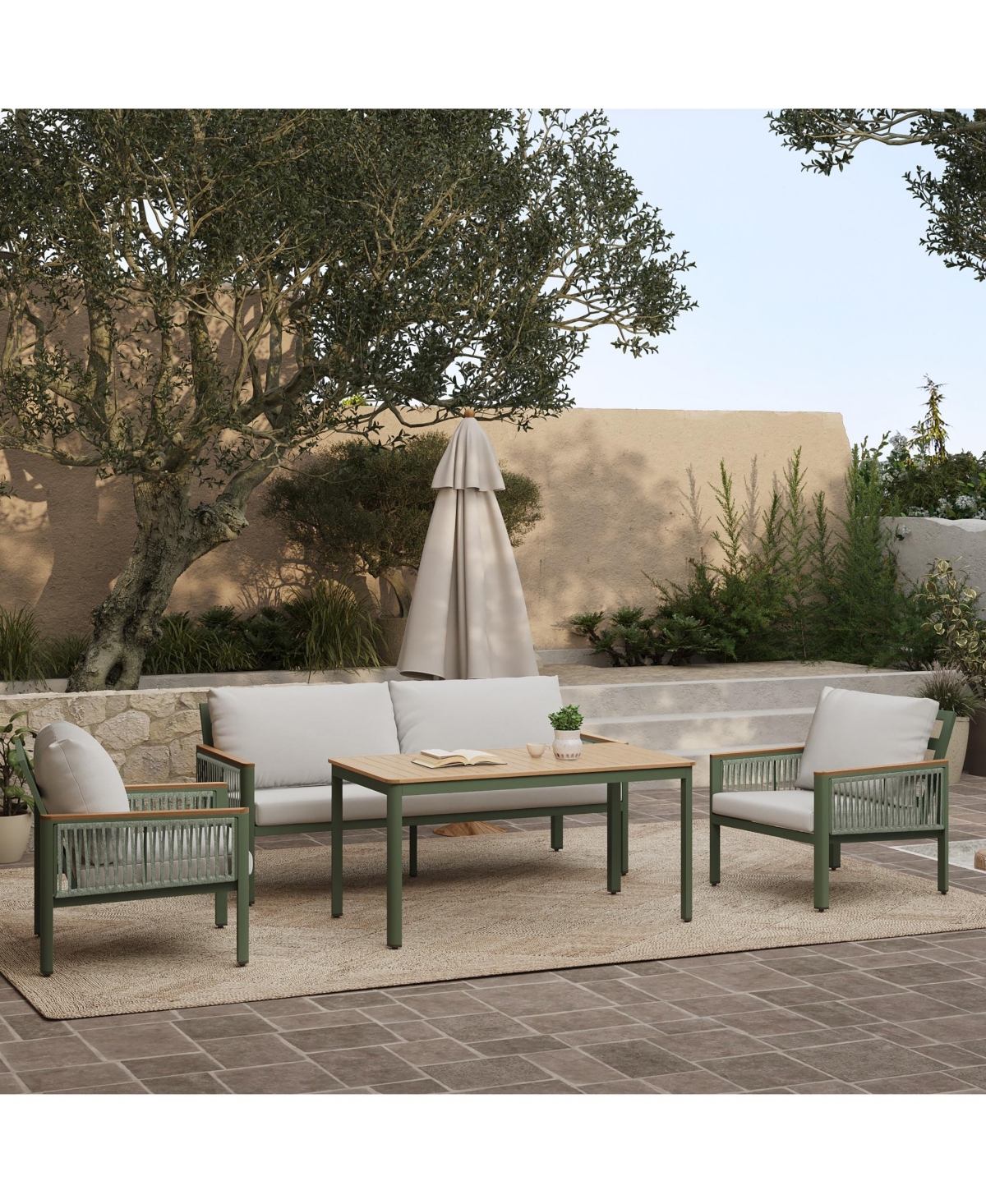 Luxenhome Outdoor Aluminum With Wood-style Plastic Armchairs With Cushions, Set Of 2