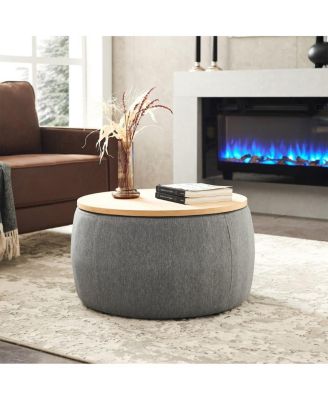 Round Upholstered Storage Ottoman with Removable Top for Use as Coffee Table or Footstool Handmade Accent for Living Room or Bedroom