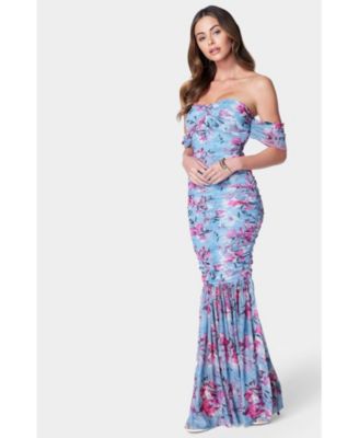 Women's Off Shoulder Ruched Mesh Gown