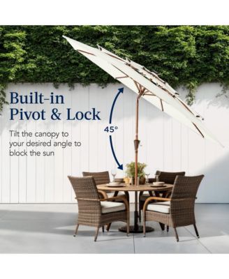 Woodgrain Pattern 10ft 3-Tier Solar Patio Umbrella w/ 24 LED Lights, Tilt