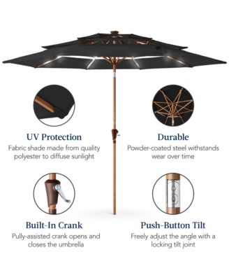 Woodgrain Pattern 10ft 3-Tier Solar Patio Umbrella w/ 24 LED Lights, Tilt